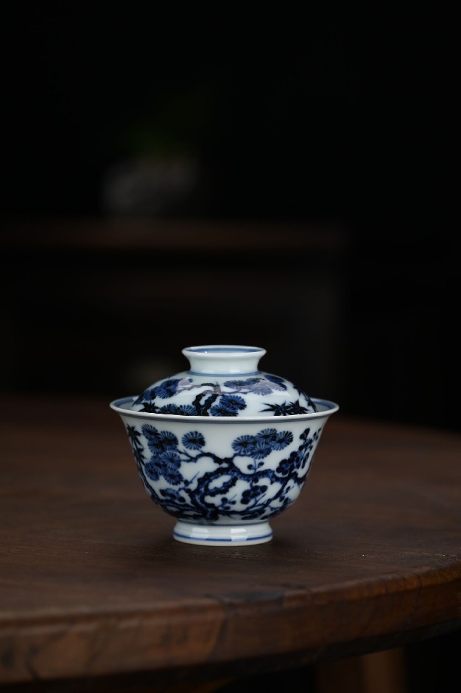 布一窑柴窑义结金兰松竹梅元宝盖碗