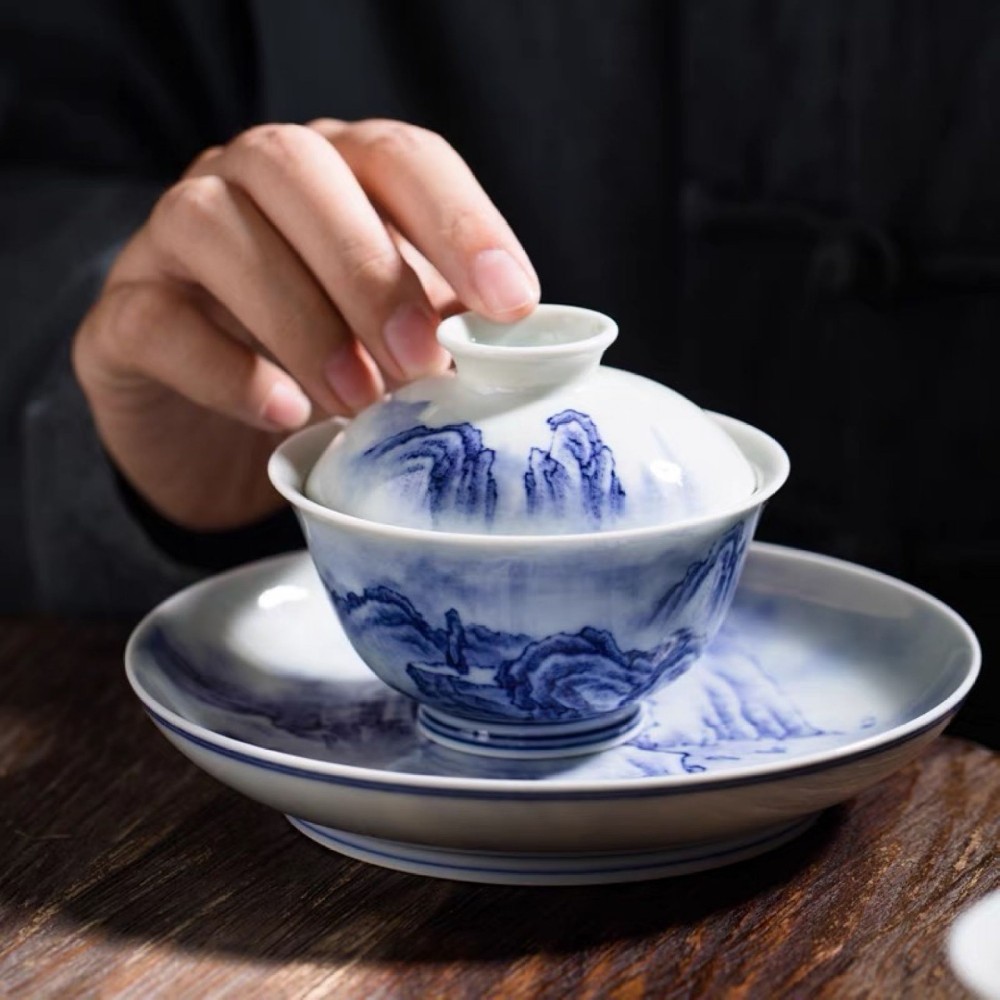 布一窑柴窑青花山水二才元宝盖碗