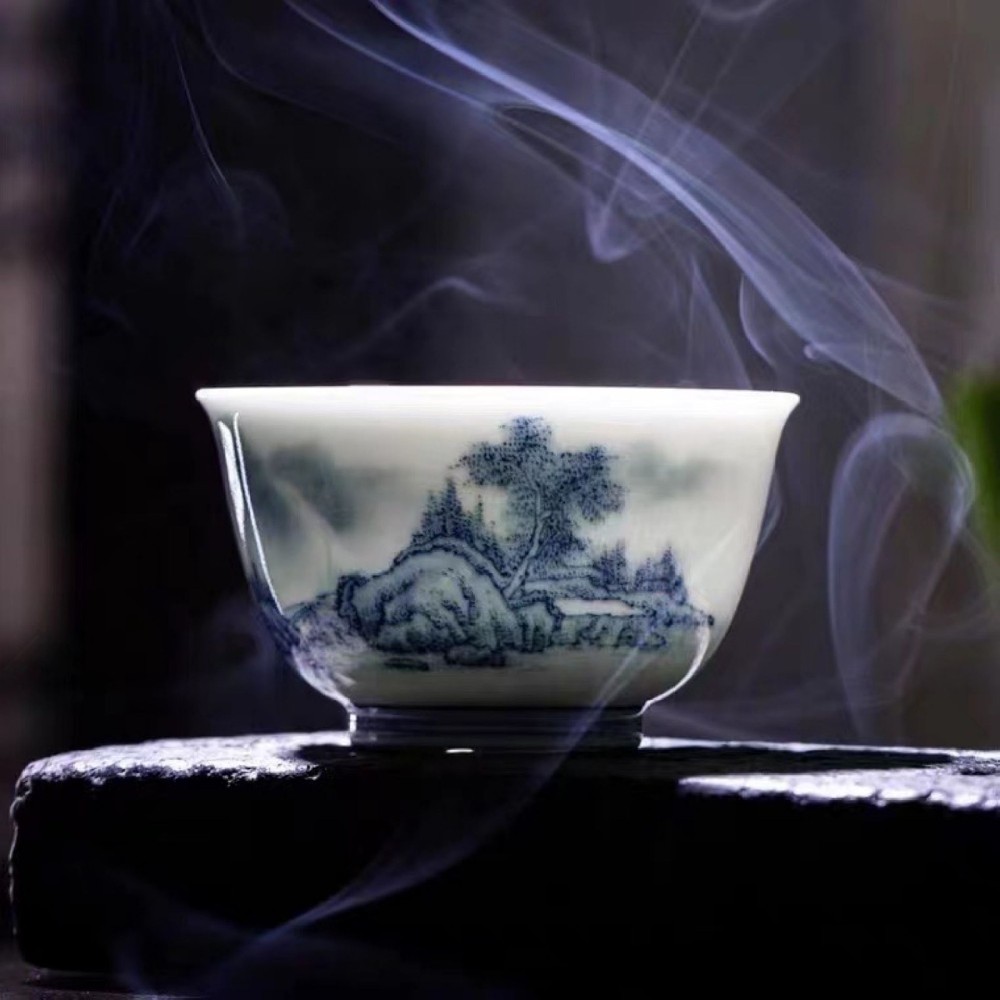 布一窑柴窑青花山水小客杯