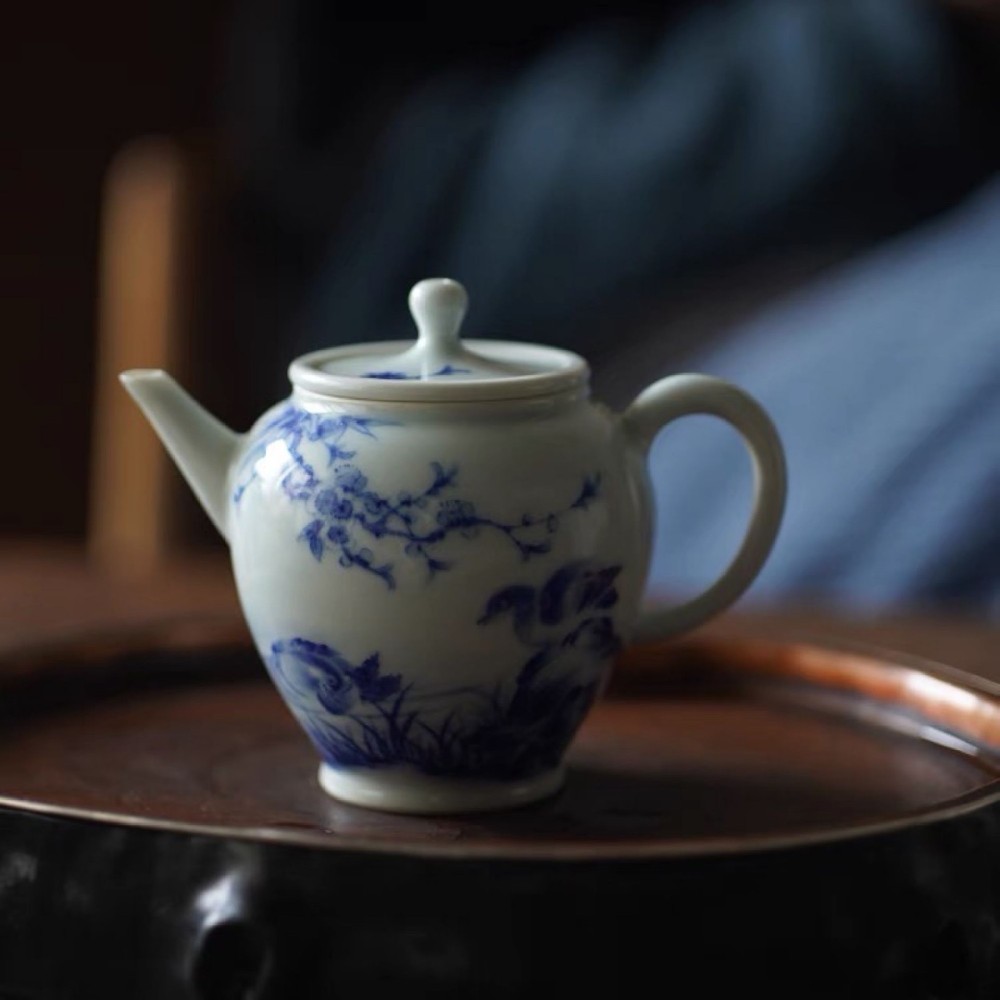 布一窑柴窑青花桃花鸳鸯浴壶
