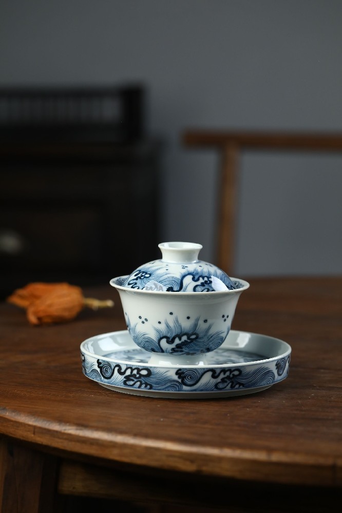 布一窑柴窑元代青花海浪纹元宝盖碗