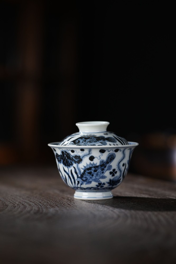布一窑鱼乐图之一鼓作气元宝盖碗