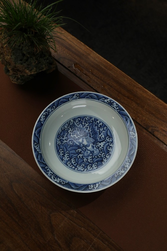 布一窑青花内外满工海水飞象壶承